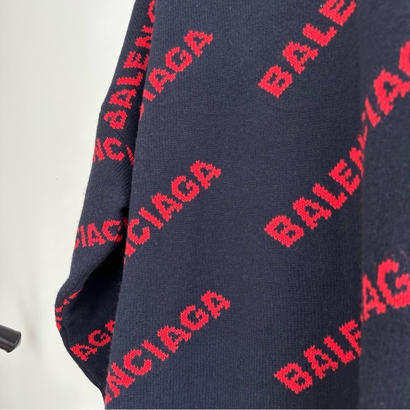 Balenciaga Men’s Navy/Red Logo Knitted Wool Sweater - Picture 2 of 6